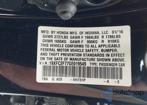 2016 Honda Civic Ex из США, поврежденный, VIN 19XFC2F77GE019549